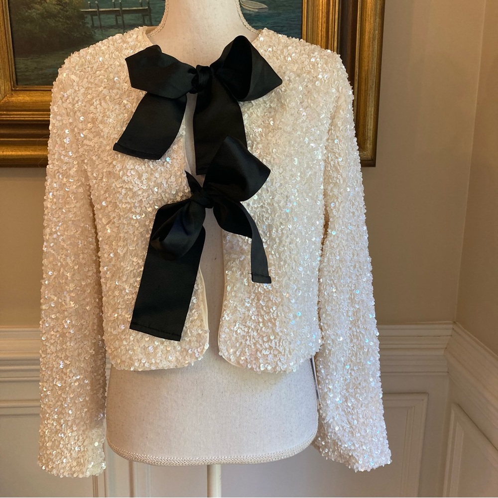 COMMENSE Cream Sequin Black Ribbon Bow Cardigan Jacket NWT - Picture 3 of 16